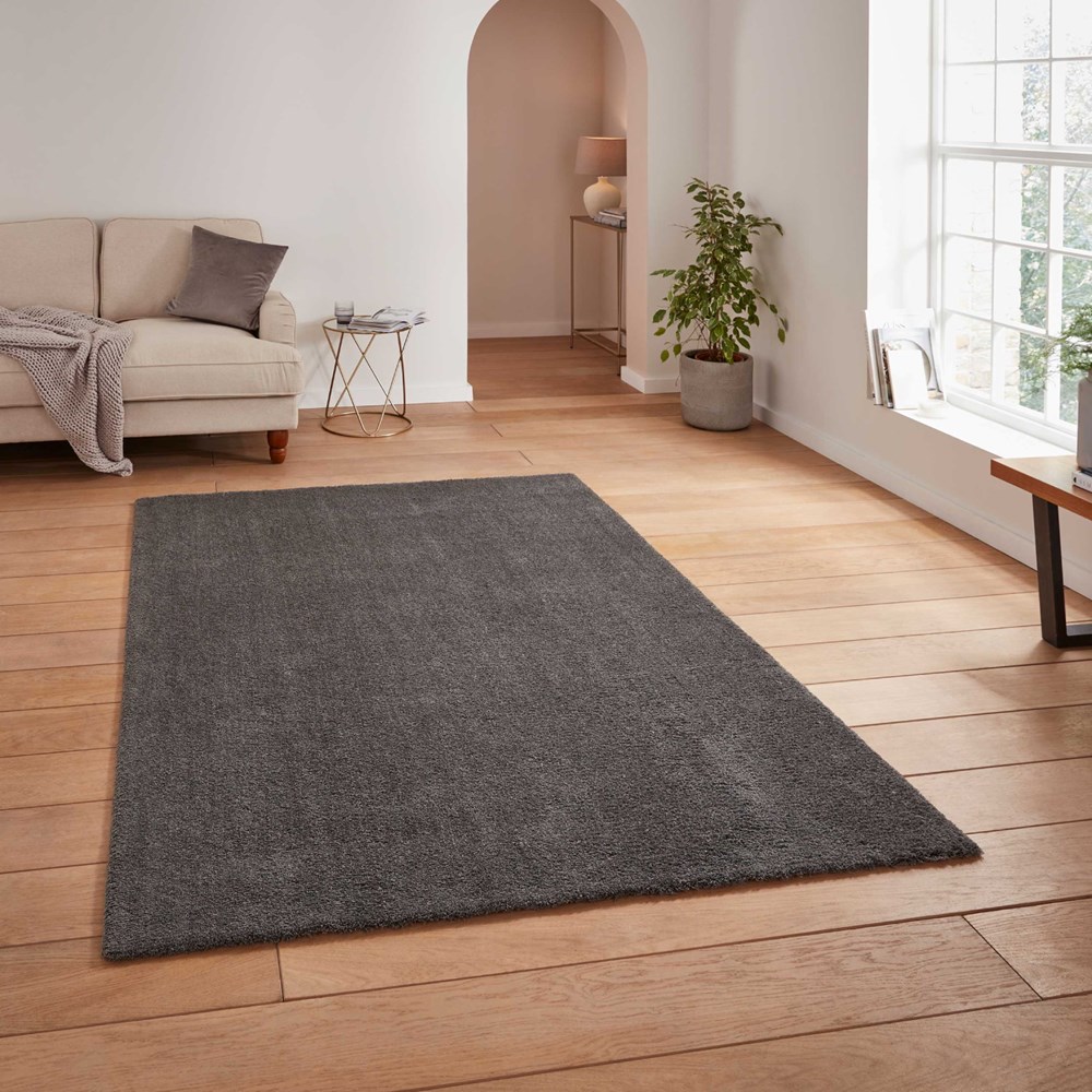 Kara Plain Shaggy Washable Rug in Charcoal Grey